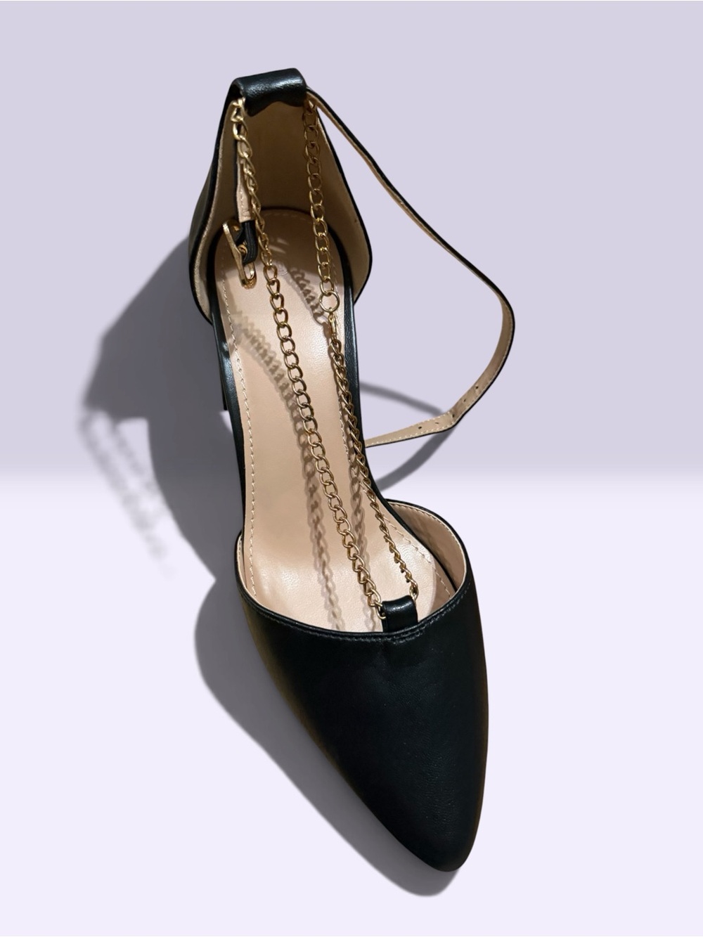 Black Pointed Toe Ankle Strap Pumps with Gold Chain Accent